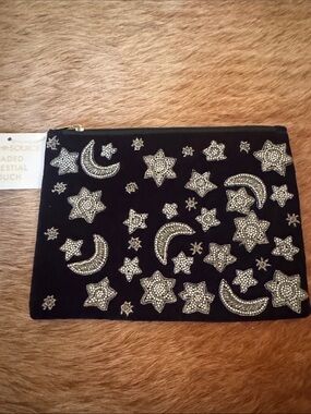 Paper Source Navy Velvet Clutch with Silver Beaded Stars & Moons